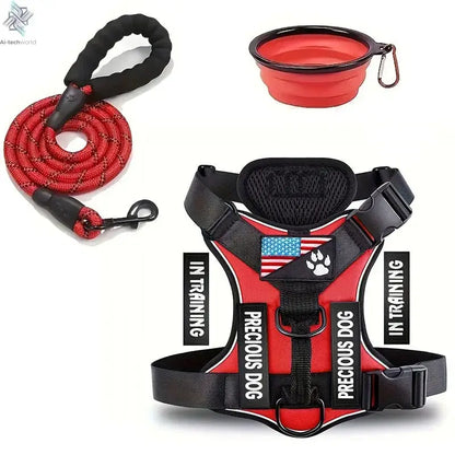 Service Dog Harness & Leash Set with 1pc Folding Bowl Reflective Adjustable Dog Vest Harness Soft Oxford Pet Harness For Small M Ai-TechWorld 