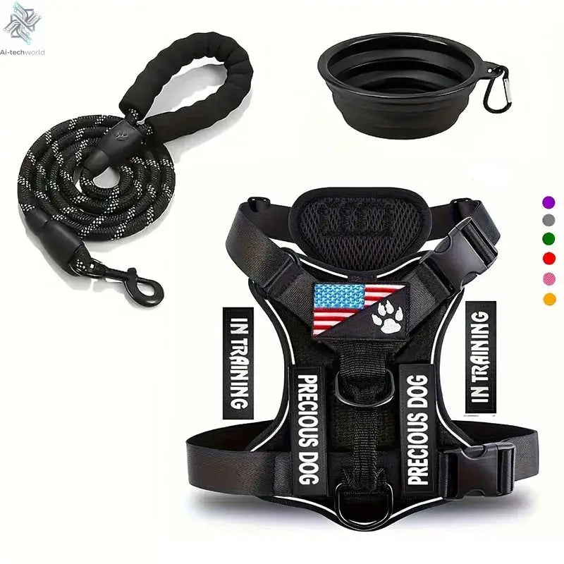 Service Dog Harness & Leash Set with 1pc Folding Bowl Reflective Adjustable Dog Vest Harness Soft Oxford Pet Harness For Small M Ai-TechWorld 