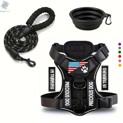 Service Dog Harness & Leash Set with 1pc Folding Bowl Reflective Adjustable Dog Vest Harness Soft Oxford Pet Harness For Small M Ai-TechWorld 