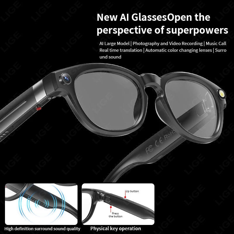 LIGE 4K 800W HD Camera Smart Glasses Recording Videos 290mAh AI Photo Recognition Chat Translation Bluetooth Photochromic Lenses Ai-TechWorld 