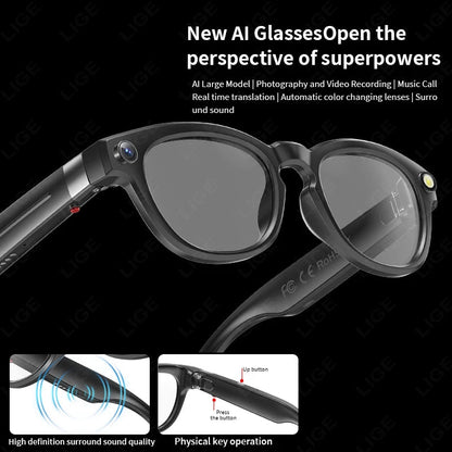 LIGE 4K 800W HD Camera Smart Glasses Recording Videos 290mAh AI Photo Recognition Chat Translation Bluetooth Photochromic Lenses Ai-TechWorld 