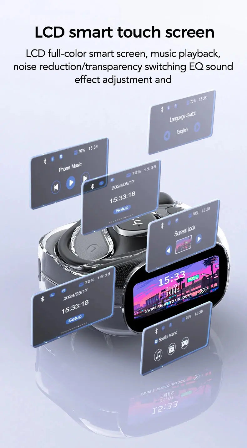 Translator HTC NE11 Bluetooth 6.0 OWS Wireless Headphones Translation Earphones Full-Color Touch Screen Ultra Long Battery Life Ai-TechWorld 