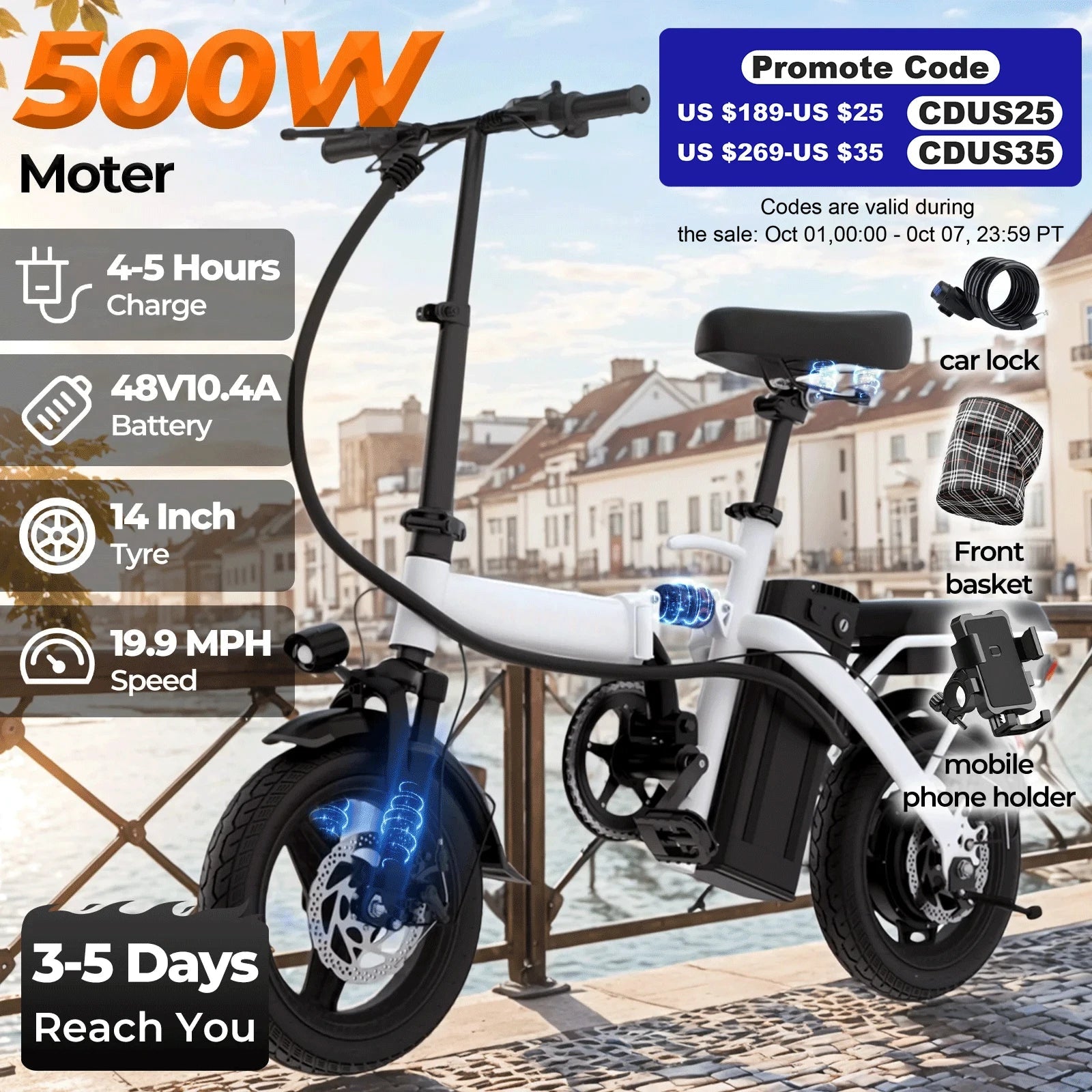 14-inch electric bike, easy to fold, adult commuter electric bike, 500W motor, removable battery, 20-mile maximum range Ai-TechWorld 