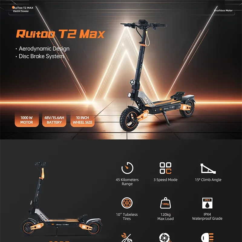 Ruitoo T2Max 1000W Nice design Electric Scooter Folding Two Wheel Scooter for Adults Ai-TechWorld 