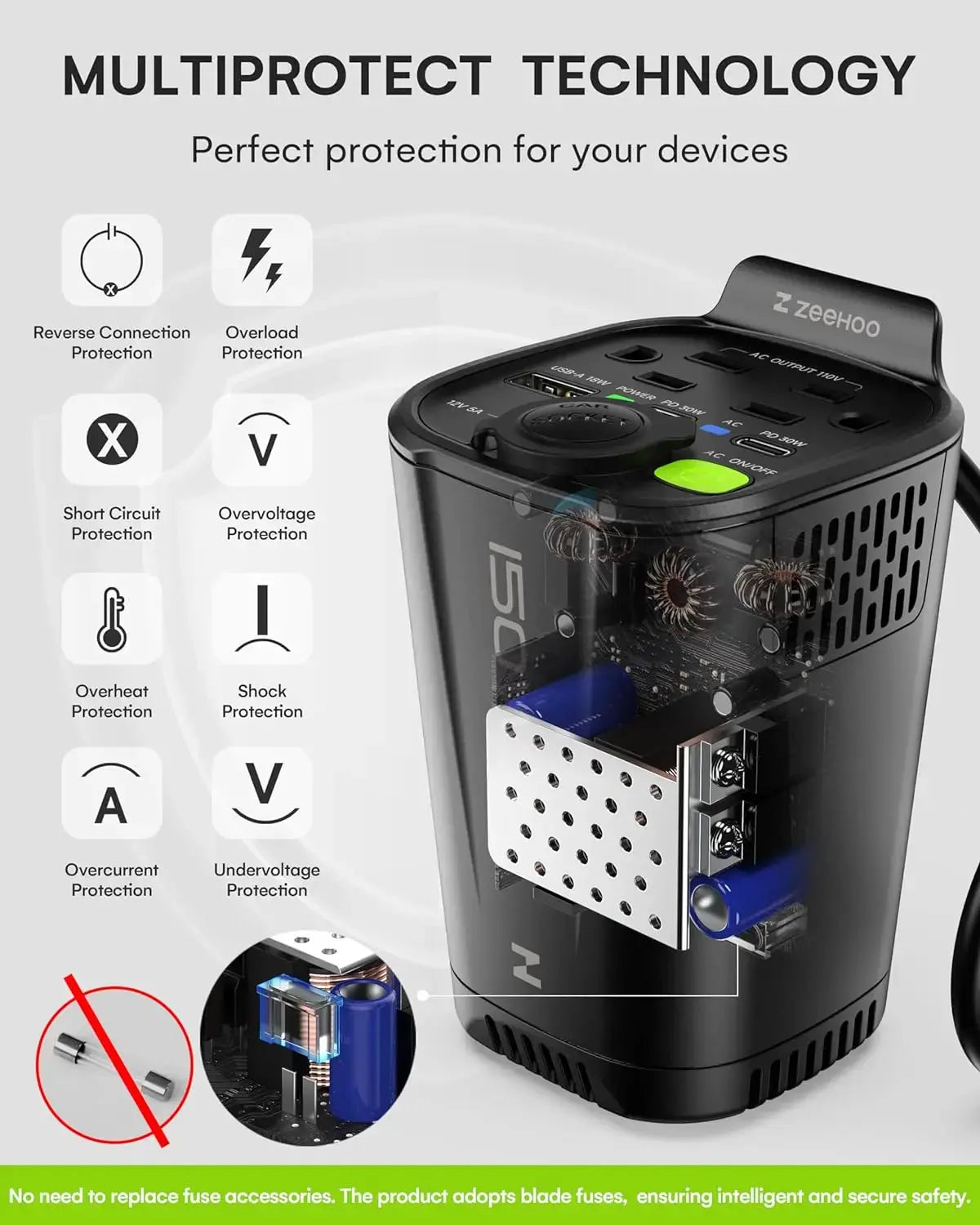 150W Car Power Inverter, 12V D/C To 110V AC Car Plug Adapter Outlet Converter, With 2 AC Outlets, A 18W USB A And Dual 30W PD Ca Ai-TechWorld 