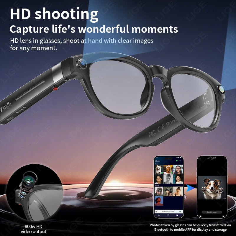 LIGE 4K 800W HD Camera Smart Glasses Recording Videos 290mAh AI Photo Recognition Chat Translation Bluetooth Photochromic Lenses Ai-TechWorld 