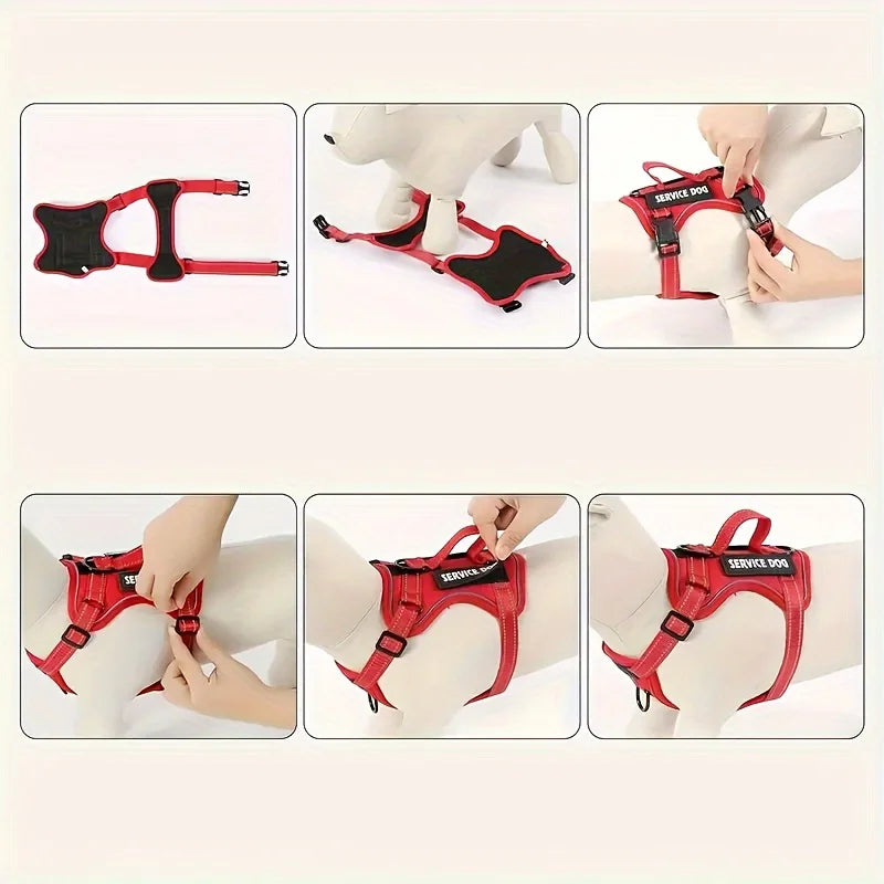 Service Dog Harness & Leash Set with 1pc Folding Bowl Reflective Adjustable Dog Vest Harness Soft Oxford Pet Harness For Small M Ai-TechWorld 