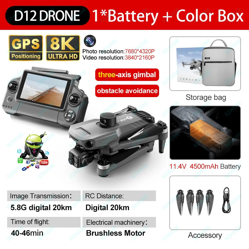 New D12 GPS Drone 3-Axis Gimbal With Touch Screen Profesional 8K HD Camera FPV Obstacle Avoidance Brushless Dron Toy for adult ﻿ Ai-TechWorld 