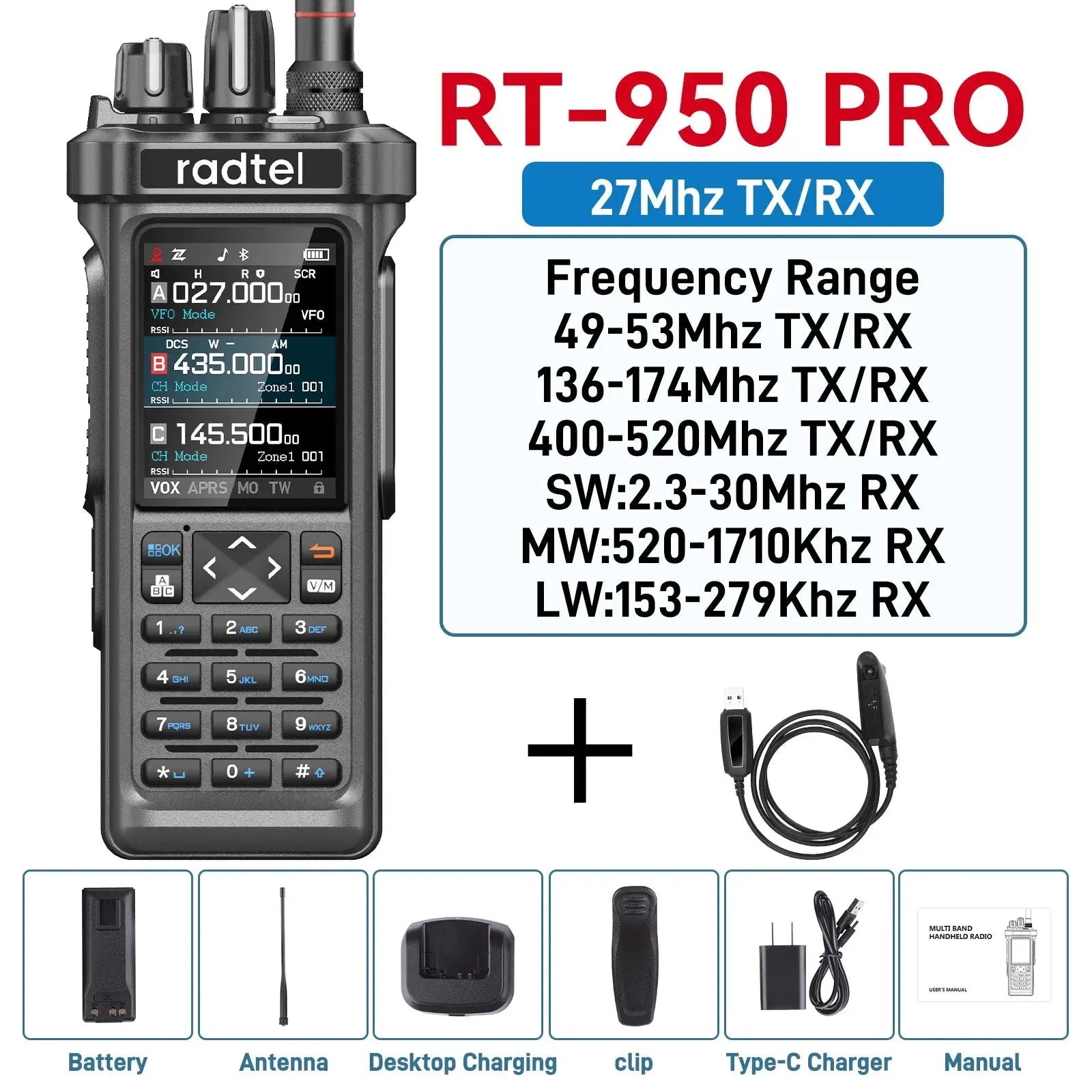 Radtel RT-950 PRO Bluetooth GPS APRS Programmable RGB Screen Frequency FM/SSB+71cm Dual-band 86mhz Ham Handtalkie W/ APP Ai-TechWorld 