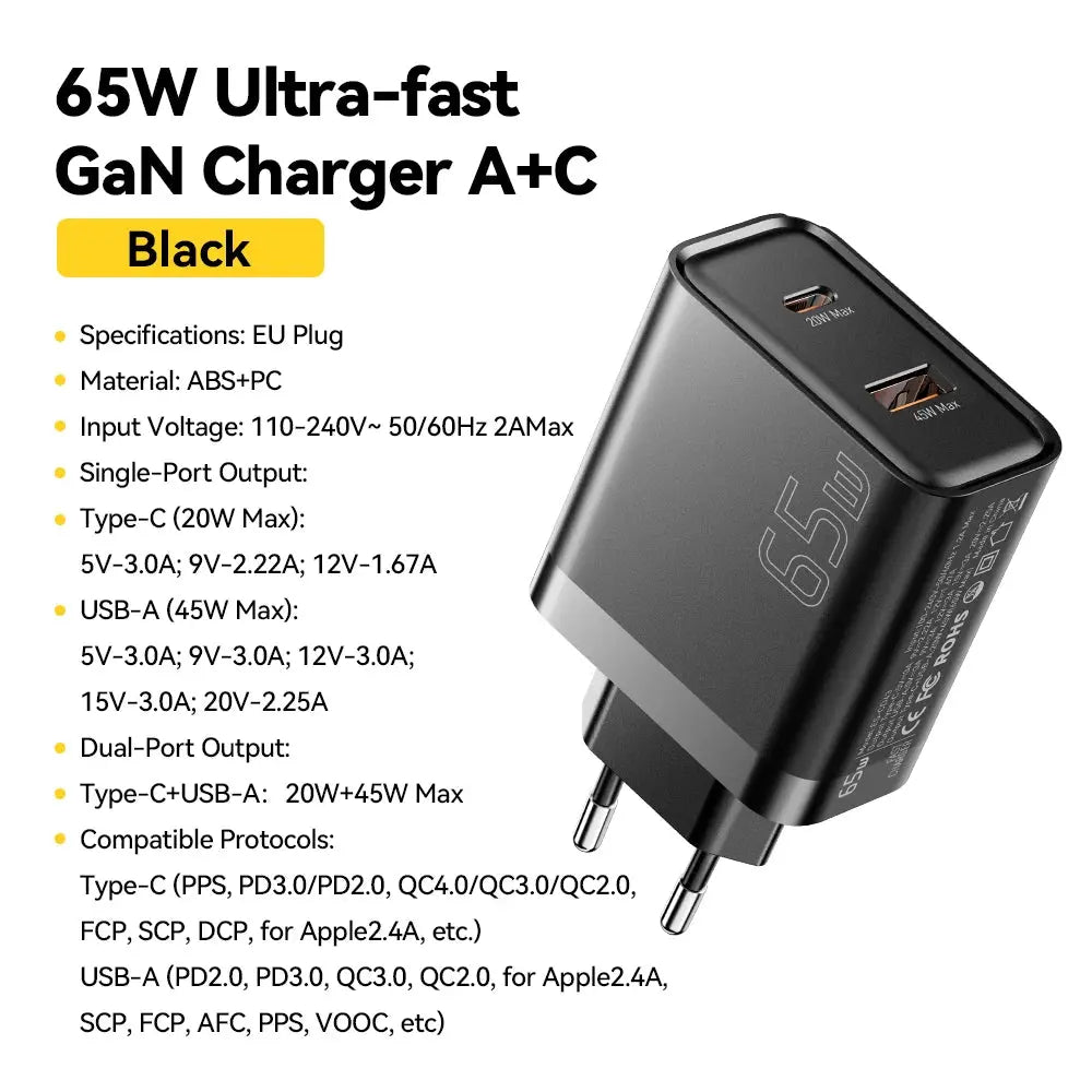 Essager 65W GaN Charger USB PD Type C Fast Charging  Phone Adapter QC3.0 For iPhone 16 Pro Max Samsung Galaxy S23 Xiaomi Huawei Ai-TechWorld 