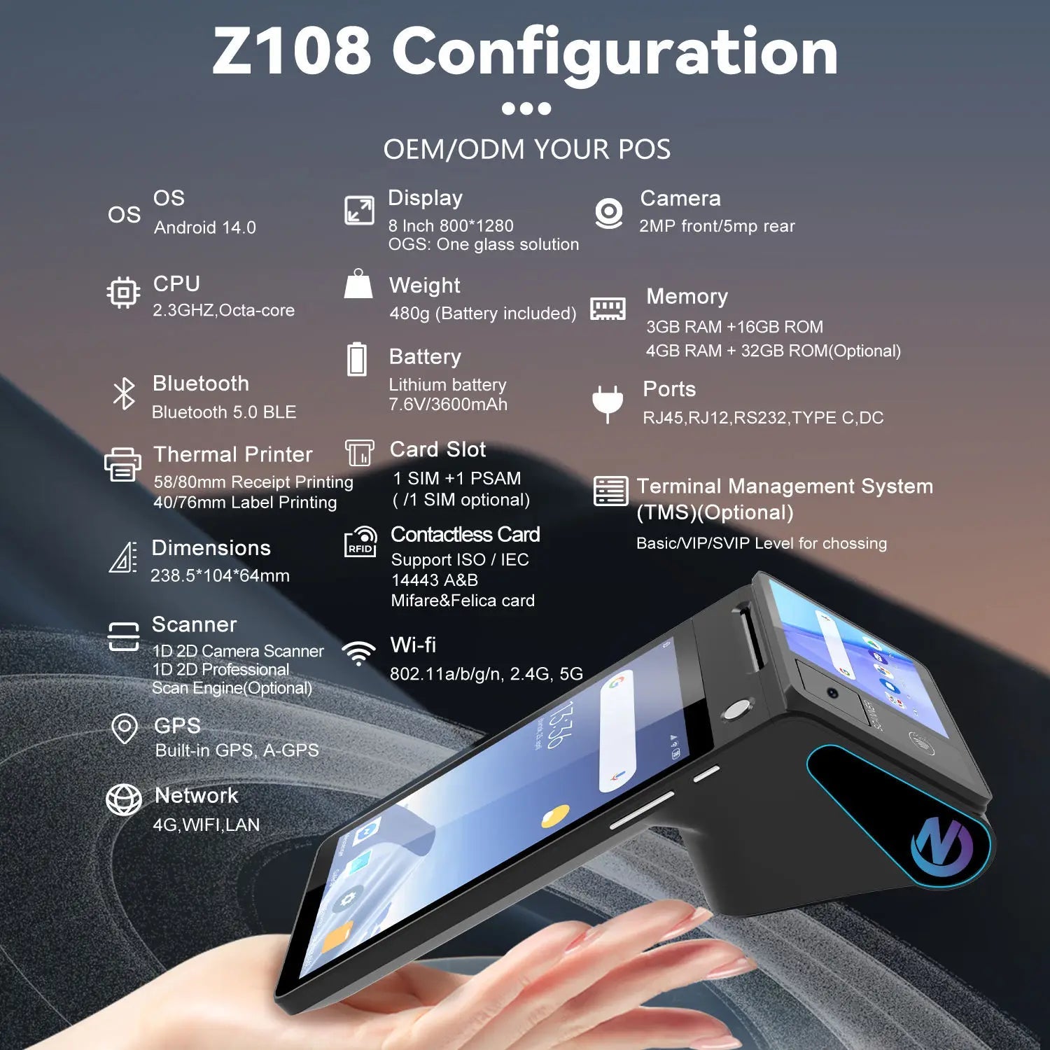 Z108 Android 14 Dual-Screen Desktop Tablet Cash Register with 8" Touch Display NFC Scanner 58/80mm Thermal Printer POS Terminal Ai-TechWorld   ai-techworld