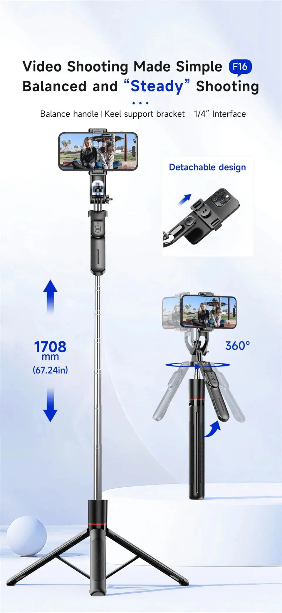 MEUYAG Selfie Stick Tripod with 1708mm Long Monopod Fill Light, Bluetooth Remote, 360° Rotation, 1/4 Interface, for mobile phone Ai-TechWorld 