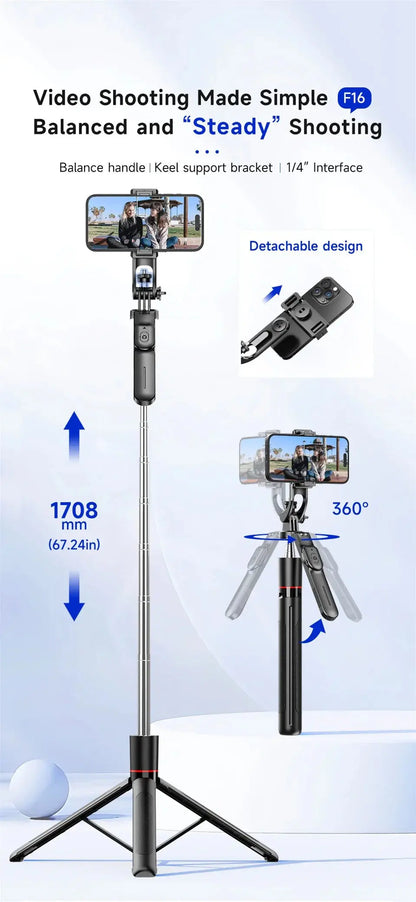 MEUYAG Selfie Stick Tripod with 1708mm Long Monopod Fill Light, Bluetooth Remote, 360° Rotation, 1/4 Interface, for mobile phone Ai-TechWorld 