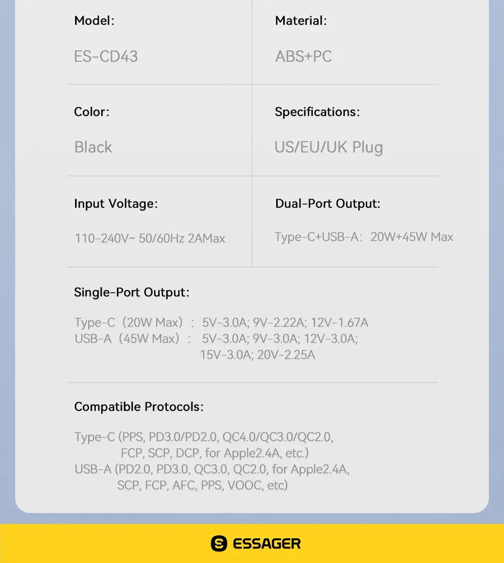 Essager 65W GaN Charger USB PD Type C Fast Charging  Phone Adapter QC3.0 For iPhone 16 Pro Max Samsung Galaxy S23 Xiaomi Huawei Ai-TechWorld 