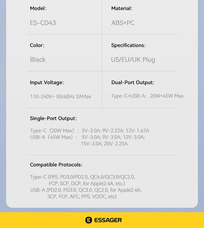 Essager 65W GaN Charger USB PD Type C Fast Charging  Phone Adapter QC3.0 For iPhone 16 Pro Max Samsung Galaxy S23 Xiaomi Huawei Ai-TechWorld 