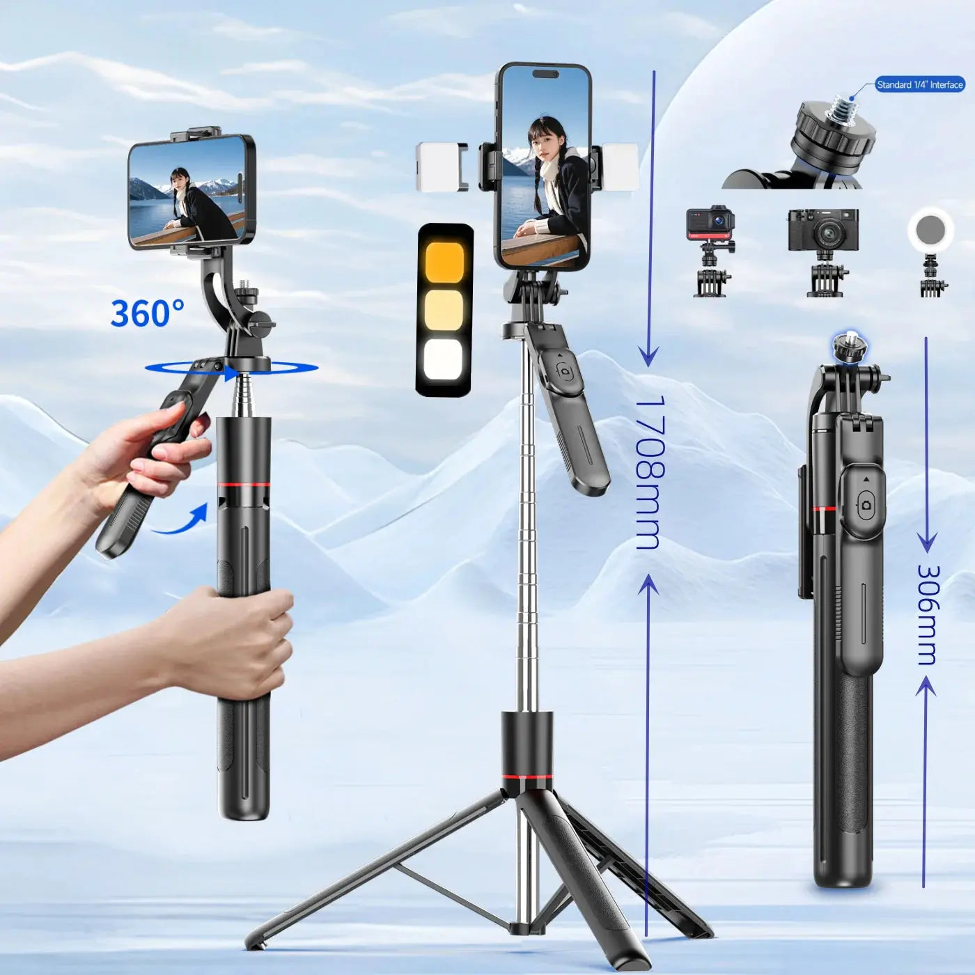MEUYAG Selfie Stick Tripod with 1708mm Long Monopod Fill Light, Bluetooth Remote, 360° Rotation, 1/4 Interface, for mobile phone Ai-TechWorld 
