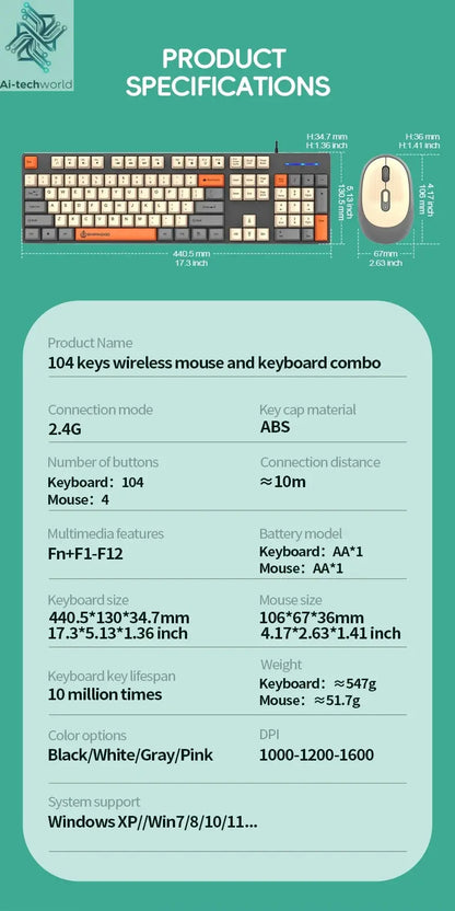 Shipadoo Wireless Keyboard and Mouse Combo Set Gaming Wireless Laptop Desktop Computer Office Accessories Free Wireless Mouse Ai-TechWorld 