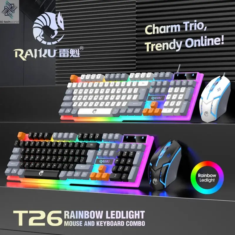 Single keyboard and keyboard mouse RAIKU T26 Three tone Luminous Keyboard Mouse Wired Mechanical Touch Gaming Mouse Keyboard Set Ai-TechWorld 