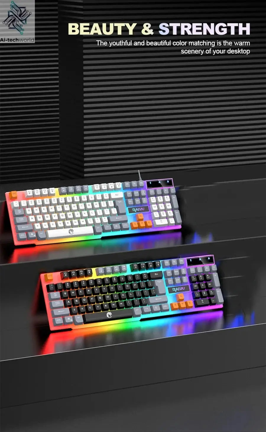 Single keyboard and keyboard mouse RAIKU T26 Three tone Luminous Keyboard Mouse Wired Mechanical Touch Gaming Mouse Keyboard Set Ai-TechWorld 