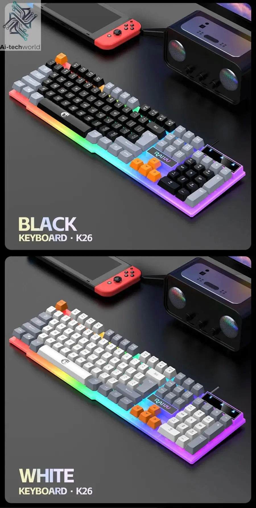 Single keyboard and keyboard mouse RAIKU T26 Three tone Luminous Keyboard Mouse Wired Mechanical Touch Gaming Mouse Keyboard Set Ai-TechWorld 