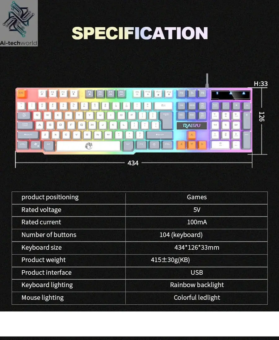 Single keyboard and keyboard mouse RAIKU T26 Three tone Luminous Keyboard Mouse Wired Mechanical Touch Gaming Mouse Keyboard Set Ai-TechWorld 