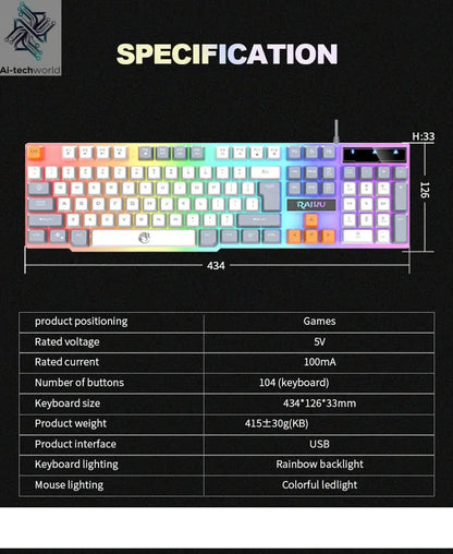 Single keyboard and keyboard mouse RAIKU T26 Three tone Luminous Keyboard Mouse Wired Mechanical Touch Gaming Mouse Keyboard Set Ai-TechWorld 