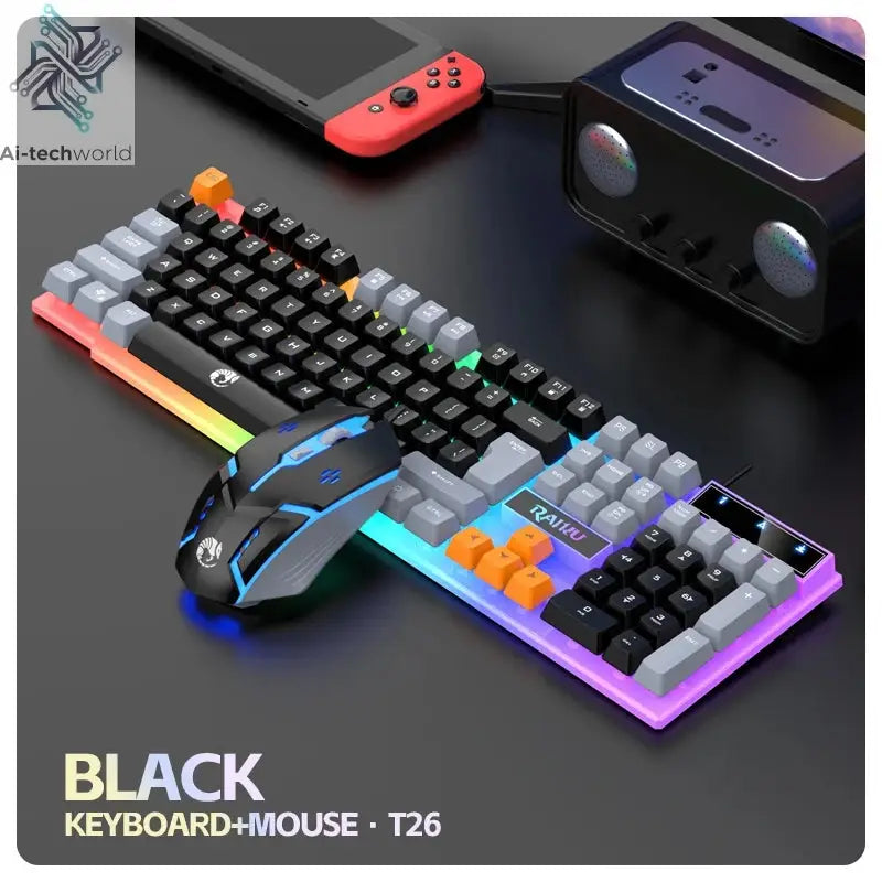 Single keyboard and keyboard mouse RAIKU T26 Three tone Luminous Keyboard Mouse Wired Mechanical Touch Gaming Mouse Keyboard Set Ai-TechWorld 