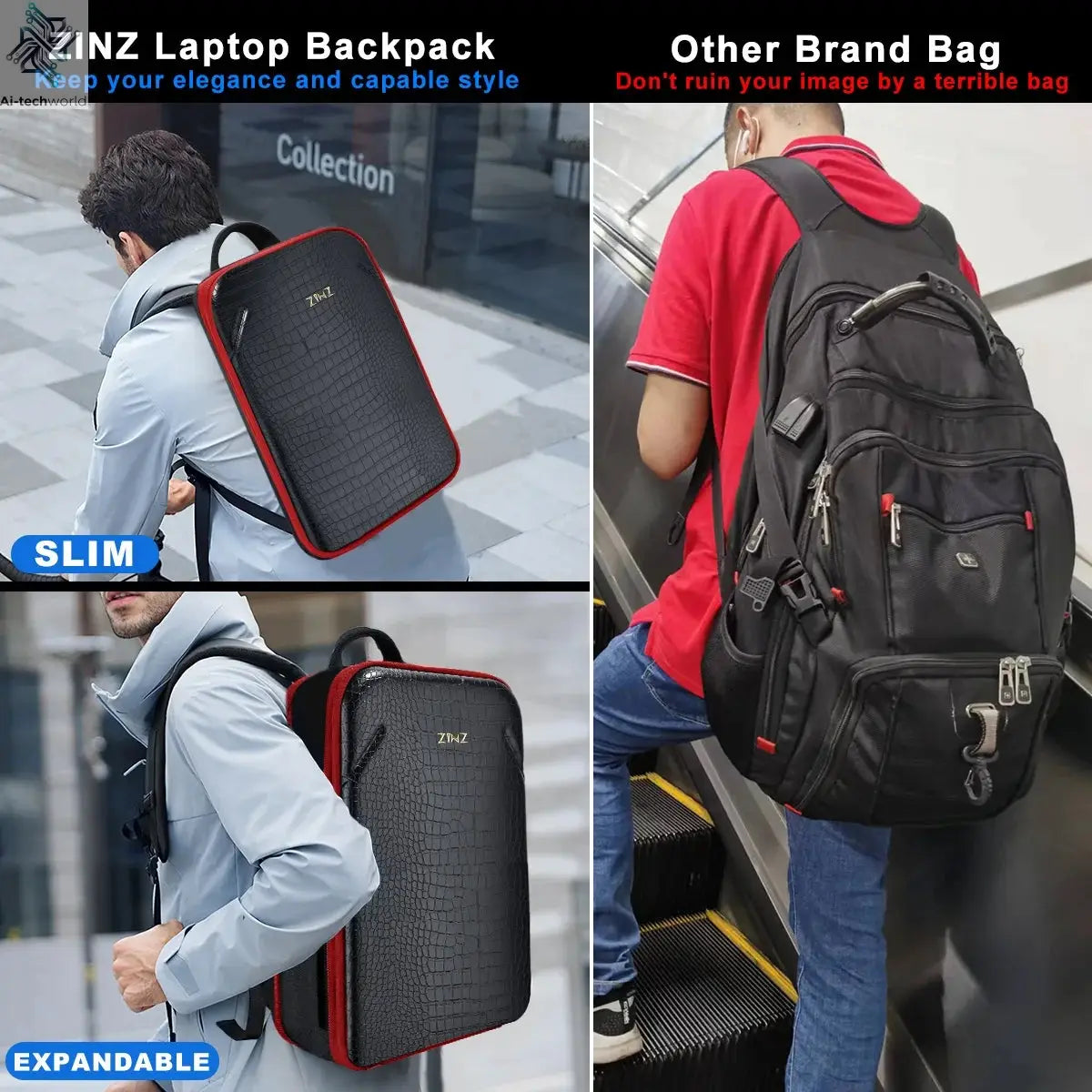Slim Laptop Backpack 15.6 Inch with Variable Capacity and USB Port, Anti-Theft Water-Resistant Business Travel Backpack Daypack Ai-TechWorld 