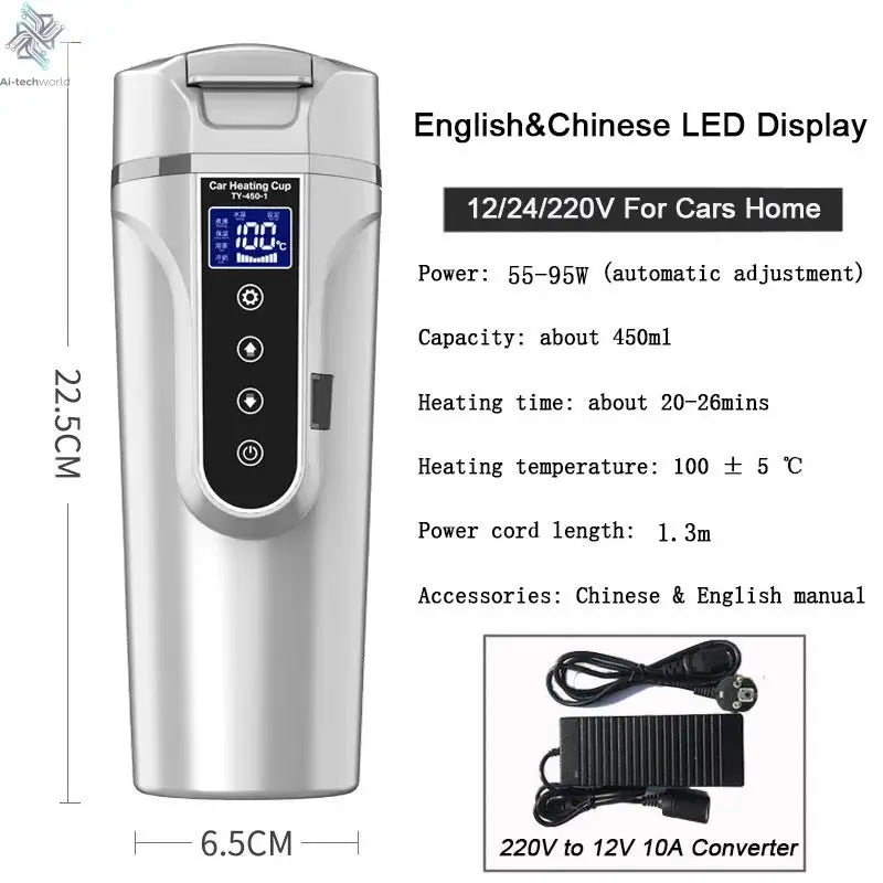 Smart Car Electric Kettle Portable Heating Cup for Coffee Tea Milk 450ML Auto Travelling Thermos Cup BPA-Free LCD Display Ai-TechWorld 