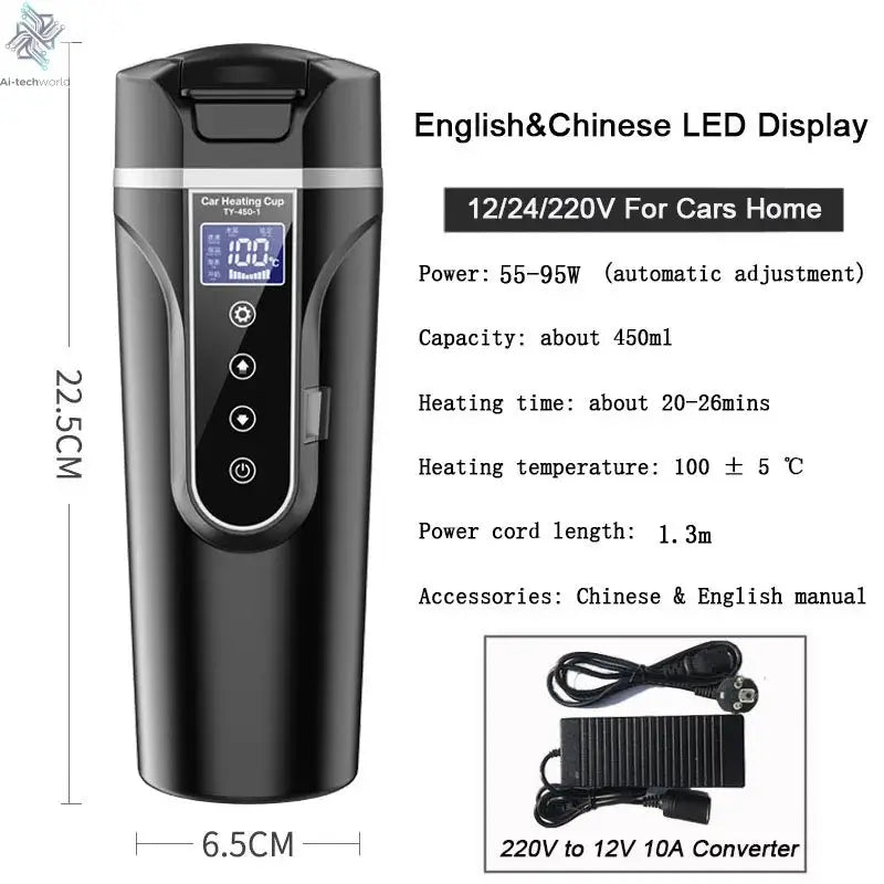 Smart Car Electric Kettle Portable Heating Cup for Coffee Tea Milk 450ML Auto Travelling Thermos Cup BPA-Free LCD Display Ai-TechWorld 