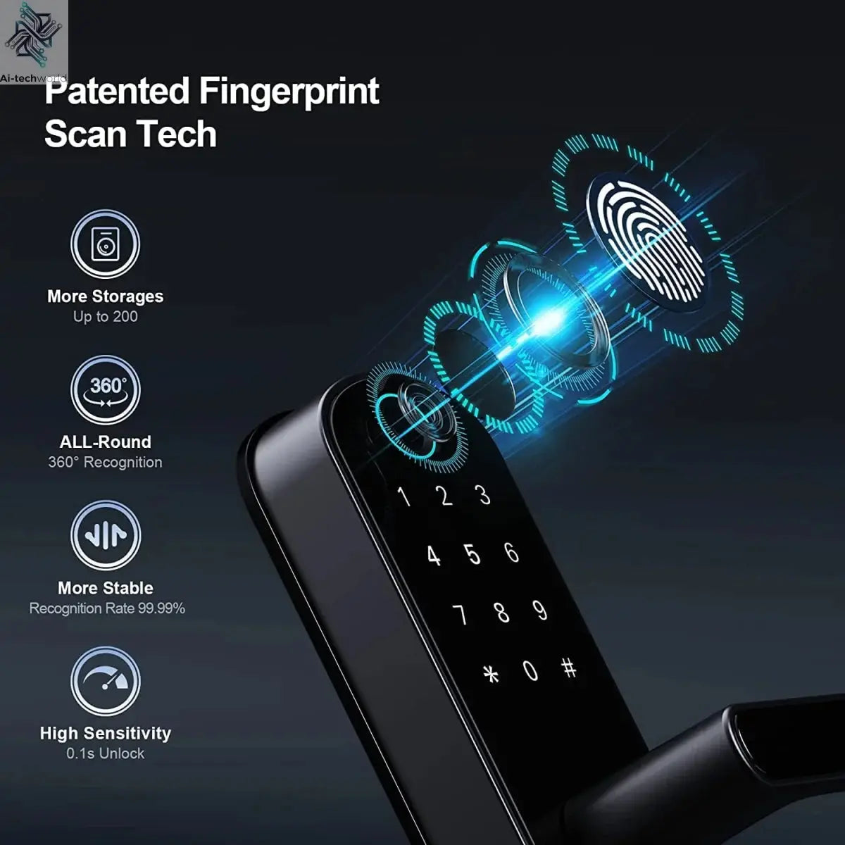 Smart Fingerprint Door Lock App Remote Control Keyless WIFI Digital Touchscreen Lock NFC IP67 Waterproof with 2 IC Cards Ai-TechWorld 