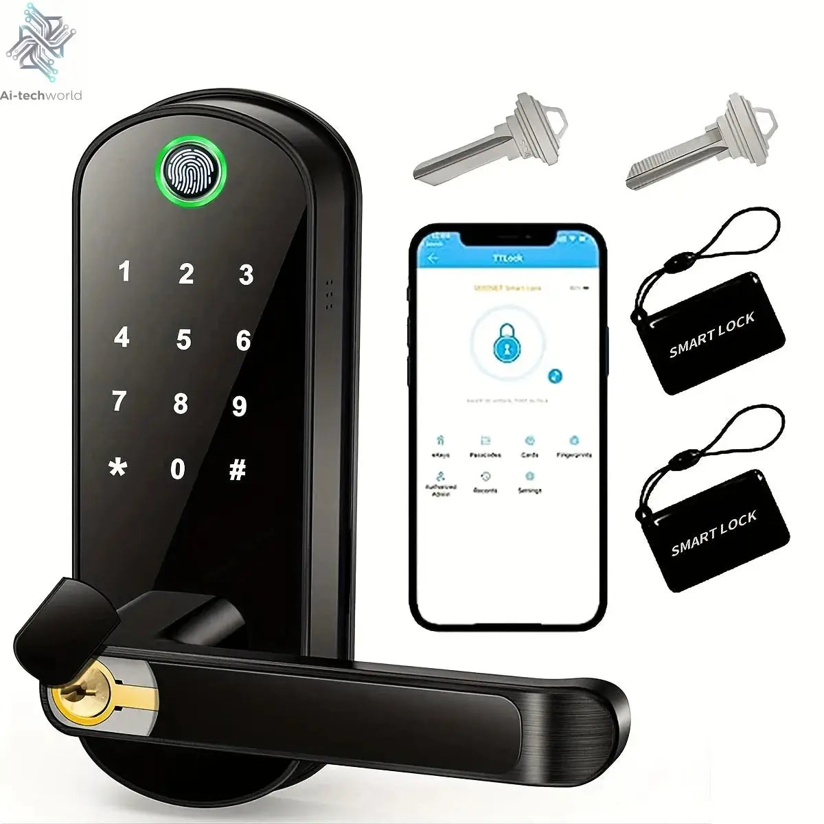 Smart Fingerprint Door Lock App Remote Control Keyless WIFI Digital Touchscreen Lock NFC IP67 Waterproof with 2 IC Cards Ai-TechWorld 
