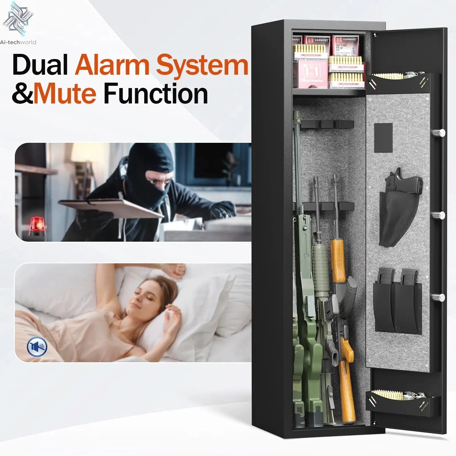 Smart Locker with Alarm System & Silent Mode – Long Gun Cabinet with Removable Shelf Ai-TechWorld