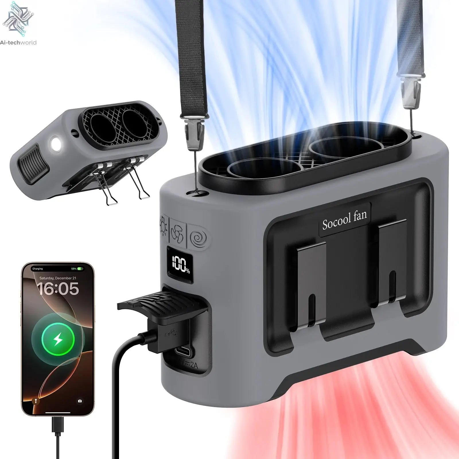 Socool 14500mAh Portable Waist Fan Dual Airflow Outlet Turbo Motors with Four Clips Emergency Flashlight Power Bank for Outdoor Ai-TechWorld 