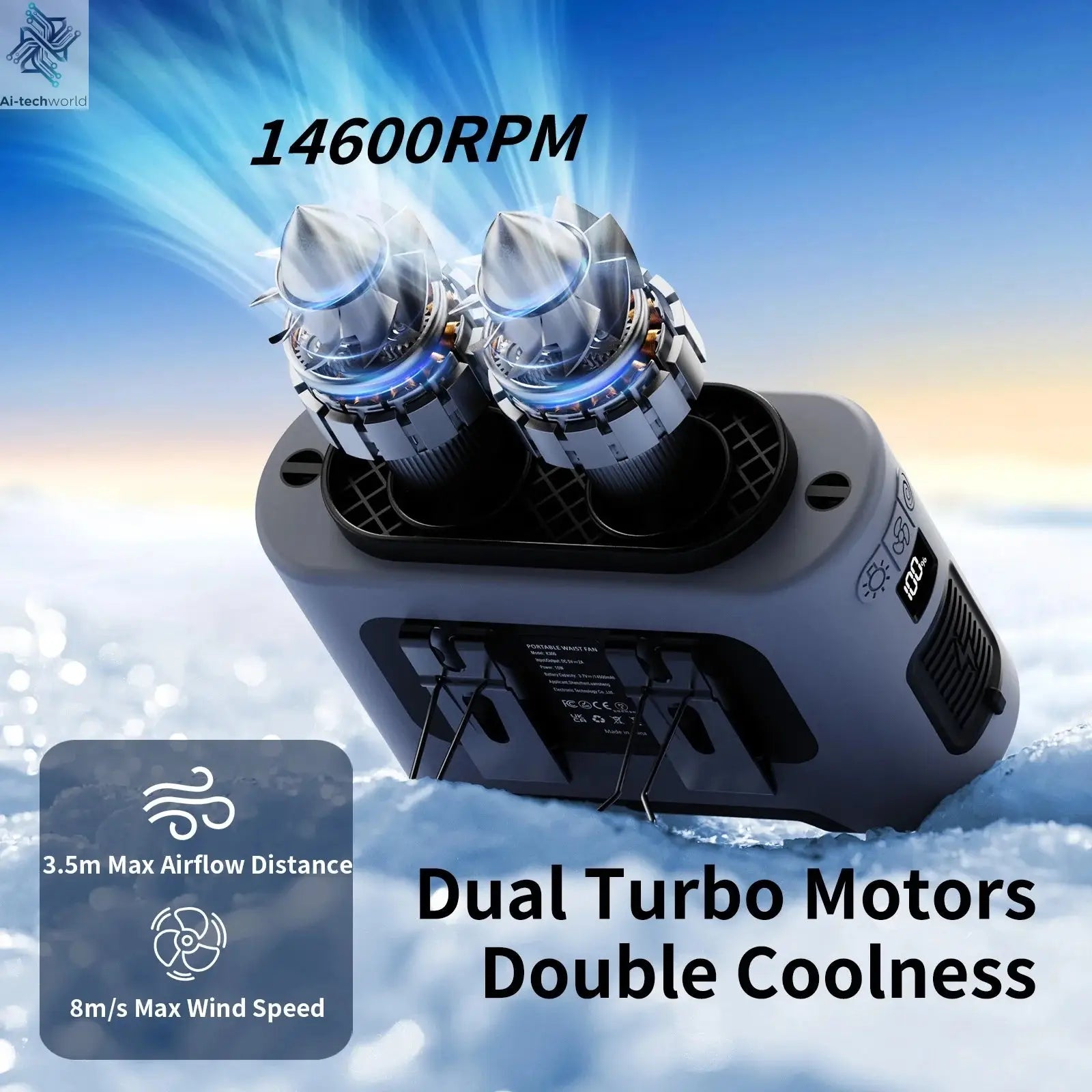 Socool 14500mAh Portable Waist Fan Dual Airflow Outlet Turbo Motors with Four Clips Emergency Flashlight Power Bank for Outdoor Ai-TechWorld 