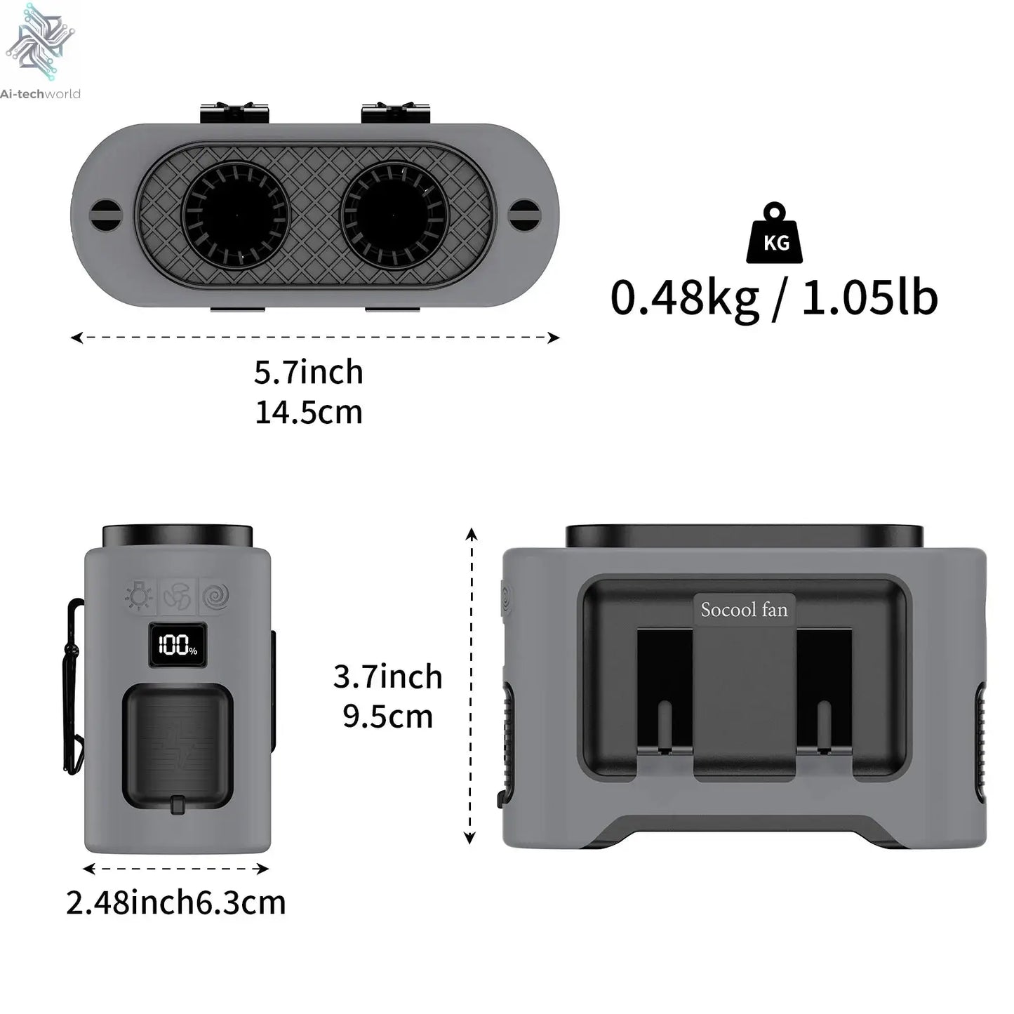 Socool 14500mAh Portable Waist Fan Dual Airflow Outlet Turbo Motors with Four Clips Emergency Flashlight Power Bank for Outdoor Ai-TechWorld 