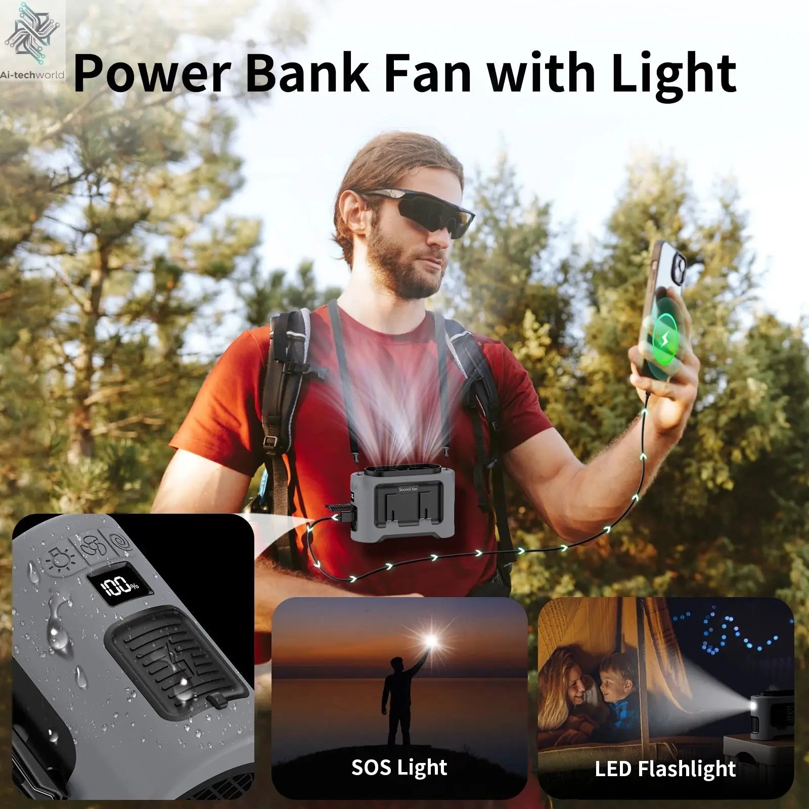 Socool 14500mAh Portable Waist Fan Dual Airflow Outlet Turbo Motors with Four Clips Emergency Flashlight Power Bank for Outdoor Ai-TechWorld 