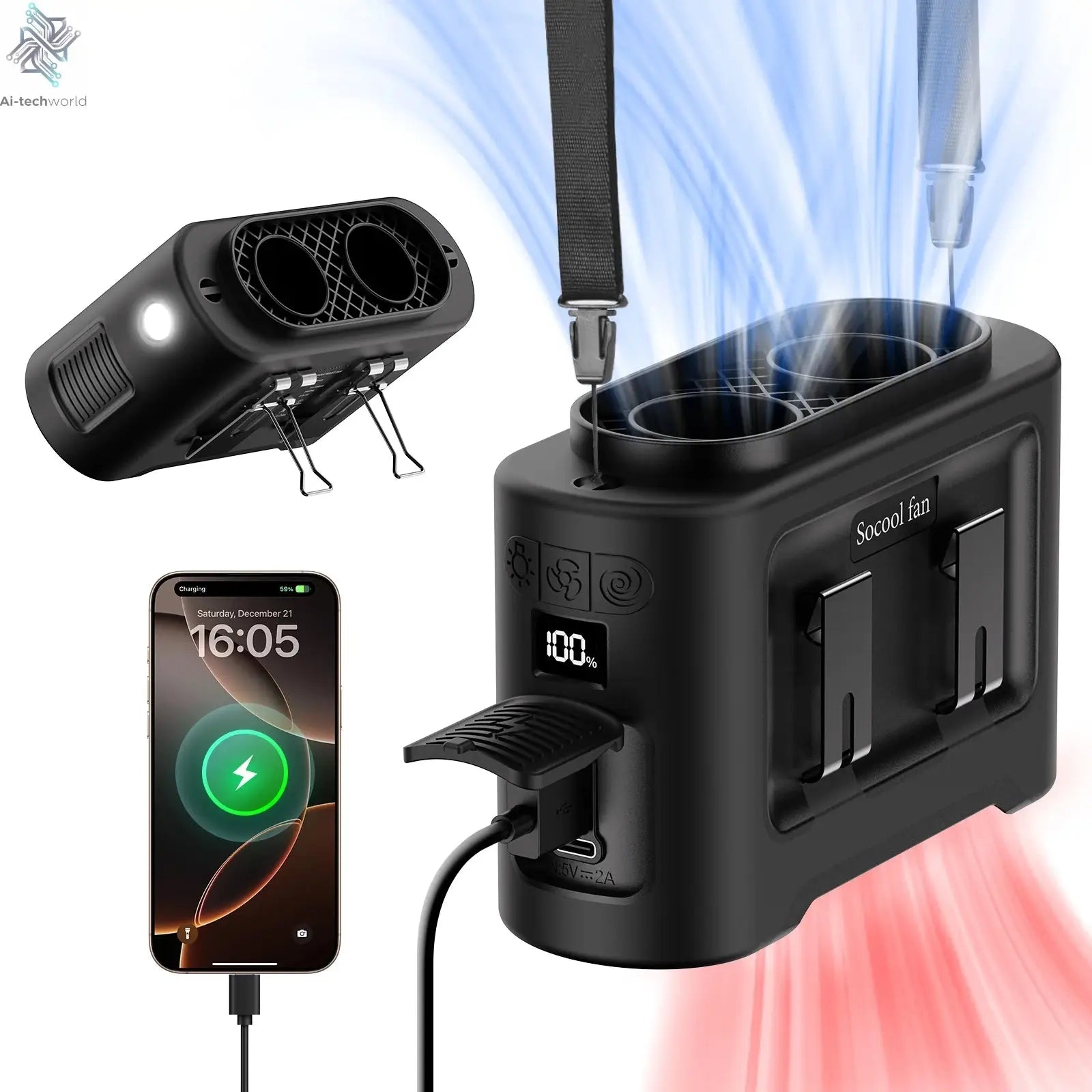 Socool 14500mAh Portable Waist Fan Dual Airflow Outlet Turbo Motors with Four Clips Emergency Flashlight Power Bank for Outdoor Ai-TechWorld 