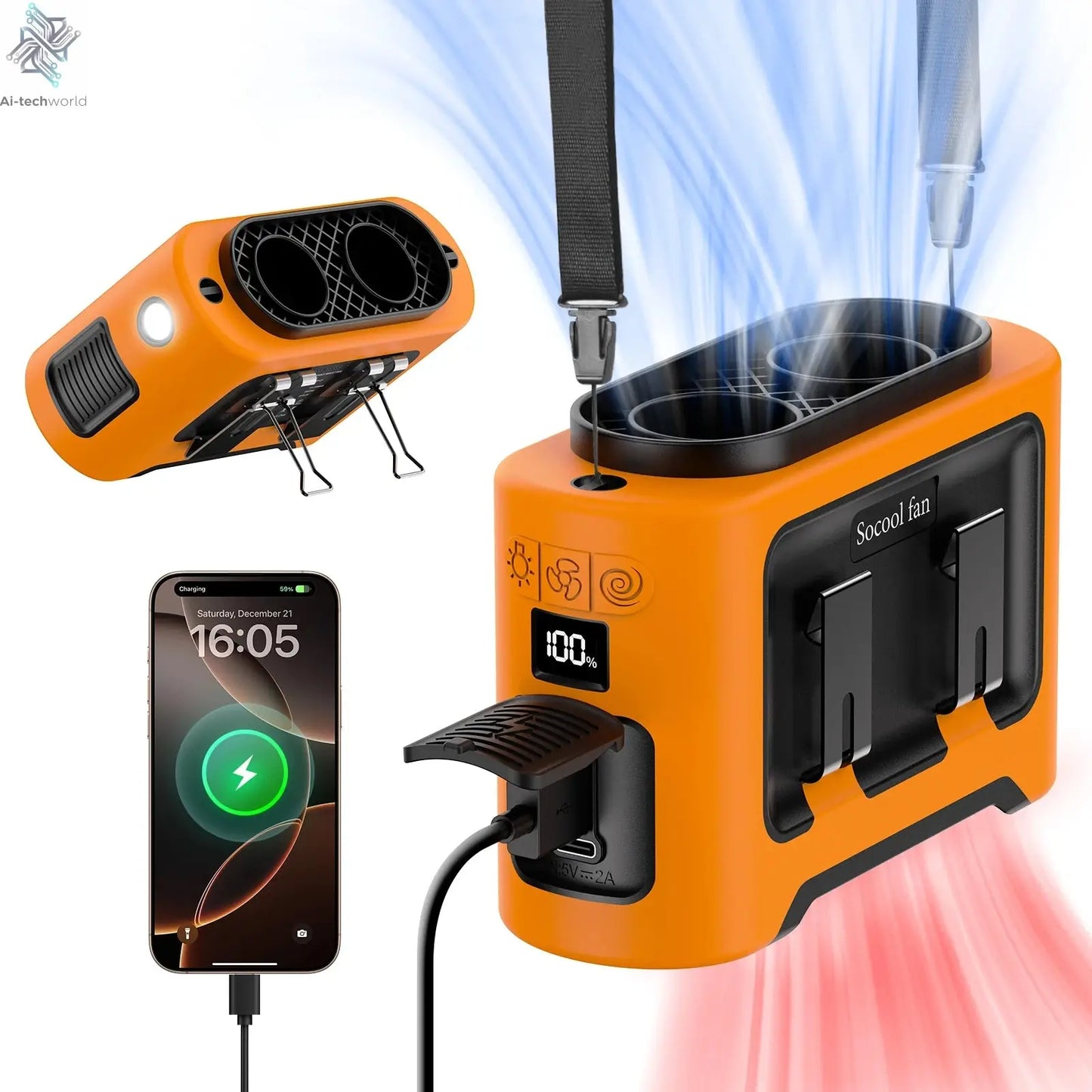 Socool 14500mAh Portable Waist Fan Dual Airflow Outlet Turbo Motors with Four Clips Emergency Flashlight Power Bank for Outdoor Ai-TechWorld 