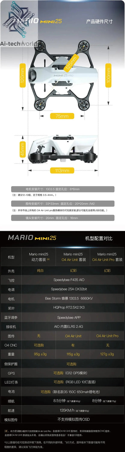 Speedybee Mario Mini 25 Mini25 2.4Ghz 3S FPV Drone (F435 AIO FC and OX32bit 25A 4in1 ESC) Ai-TechWorld 