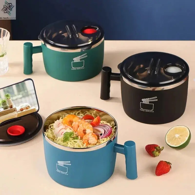 Stainless Steel Bowl With Lid For Instant Noodles Sealed And Portable Drain Bowl For Kitchen Utensils Instant Noodle Partner Ai-TechWorld 