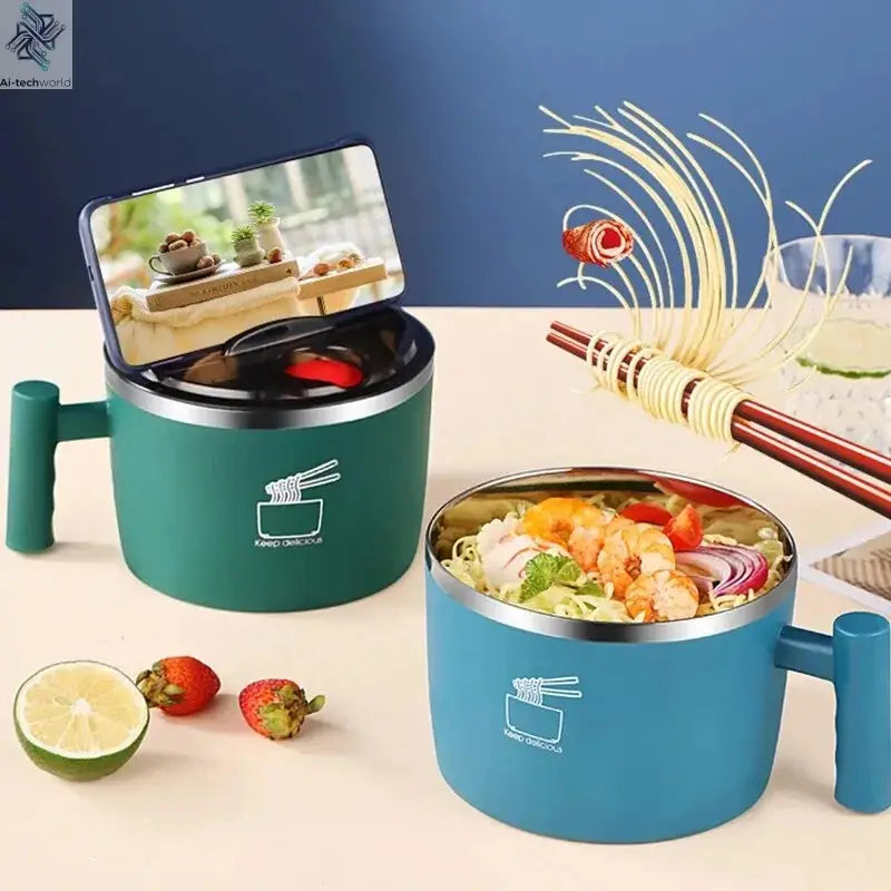 Stainless Steel Bowl With Lid For Instant Noodles Sealed And Portable Drain Bowl For Kitchen Utensils Instant Noodle Partner Ai-TechWorld 