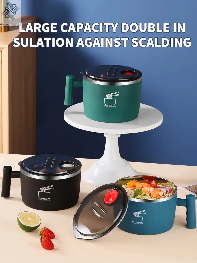 Stainless Steel Bowl With Lid For Instant Noodles Sealed And Portable Drain Bowl For Kitchen Utensils Instant Noodle Partner Ai-TechWorld 