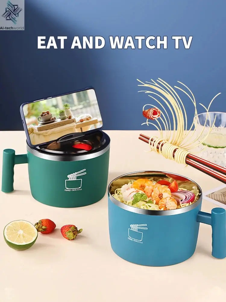 Stainless Steel Bowl With Lid For Instant Noodles Sealed And Portable Drain Bowl For Kitchen Utensils Instant Noodle Partner Ai-TechWorld 