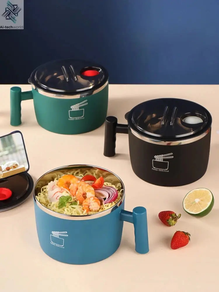 Stainless Steel Bowl With Lid For Instant Noodles Sealed And Portable Drain Bowl For Kitchen Utensils Instant Noodle Partner Ai-TechWorld 