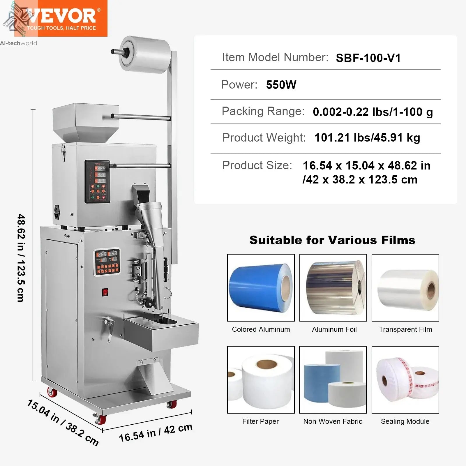 SucceBuy 1-100g Automatic Particle Packaging Machine Powder Sachet Weighting Filling Packing Machine for Tea Seeds Beans Rice Ai-TechWorld 