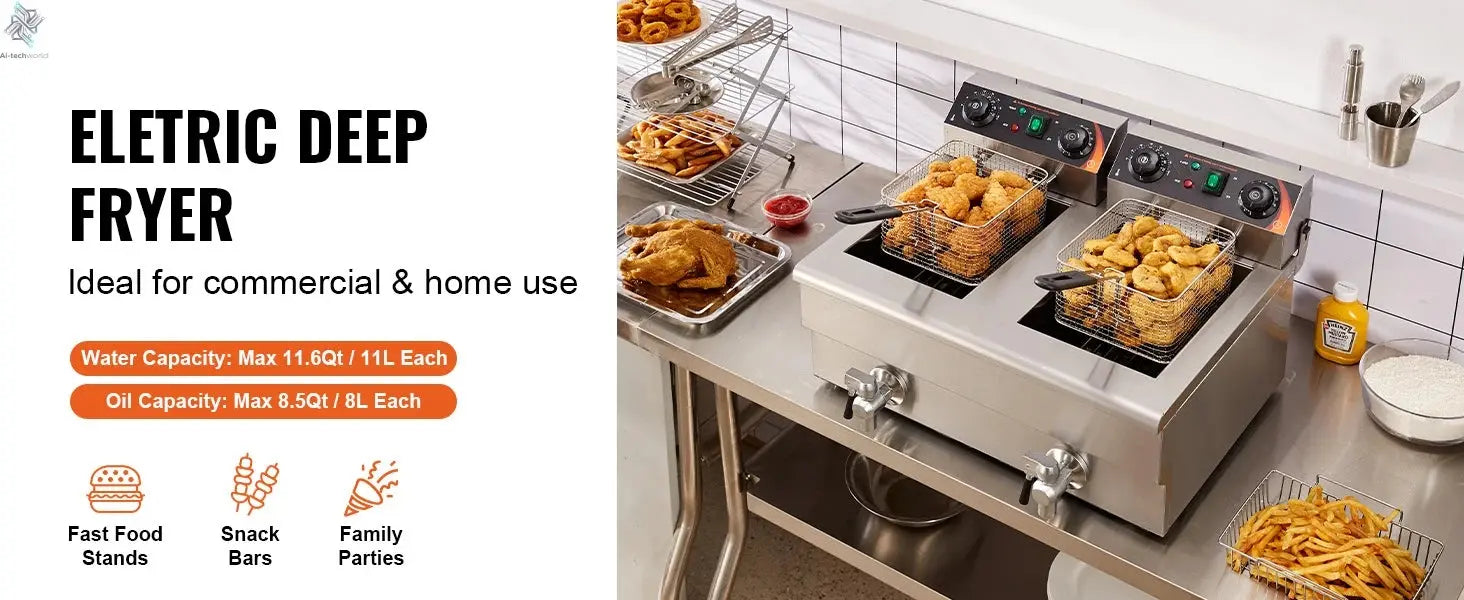 SucceBuy  12L Electric Deep Fryer w/Dual Removable Tanks Commercial Countertop  Fryer for Chicken French Fries Frying Chips Ai-TechWorld 
