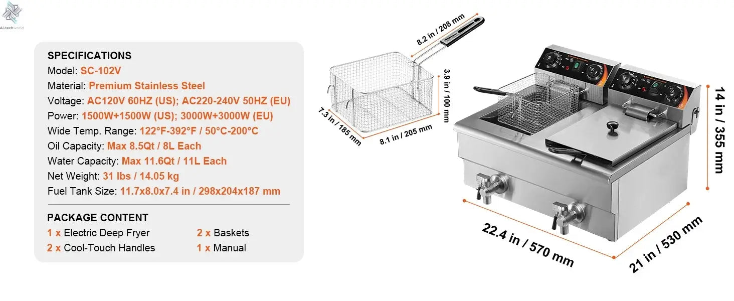 SucceBuy  12L Electric Deep Fryer w/Dual Removable Tanks Commercial Countertop  Fryer for Chicken French Fries Frying Chips Ai-TechWorld 