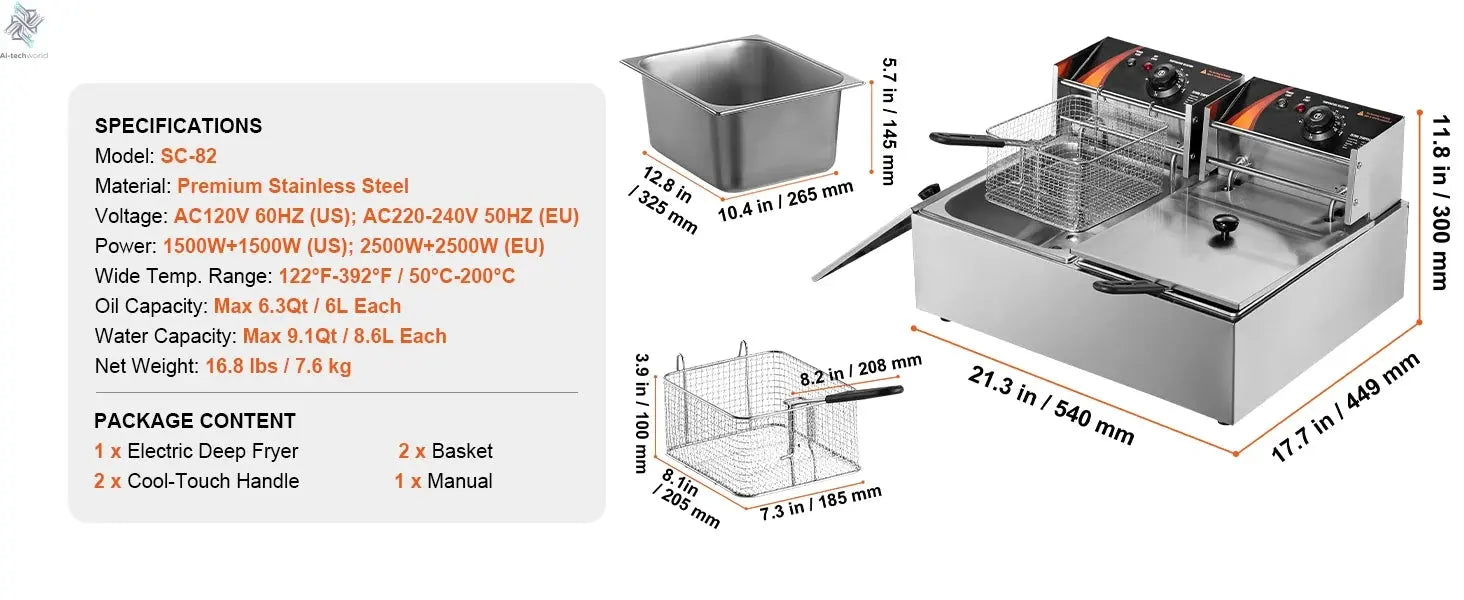 SucceBuy  12L Electric Deep Fryer w/Dual Removable Tanks Commercial Countertop  Fryer for Chicken French Fries Frying Chips Ai-TechWorld 