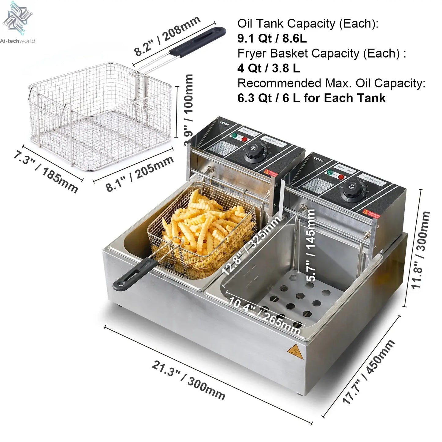 SucceBuy  12L Electric Deep Fryer w/Dual Removable Tanks Commercial Countertop  Fryer for Chicken French Fries Frying Chips Ai-TechWorld 